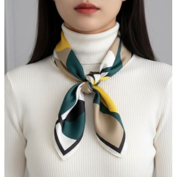⭐Geometric Abstract Silky Elegant Bandana Square Scarf Yellow Green Bold Modern - Picture 1 of 7